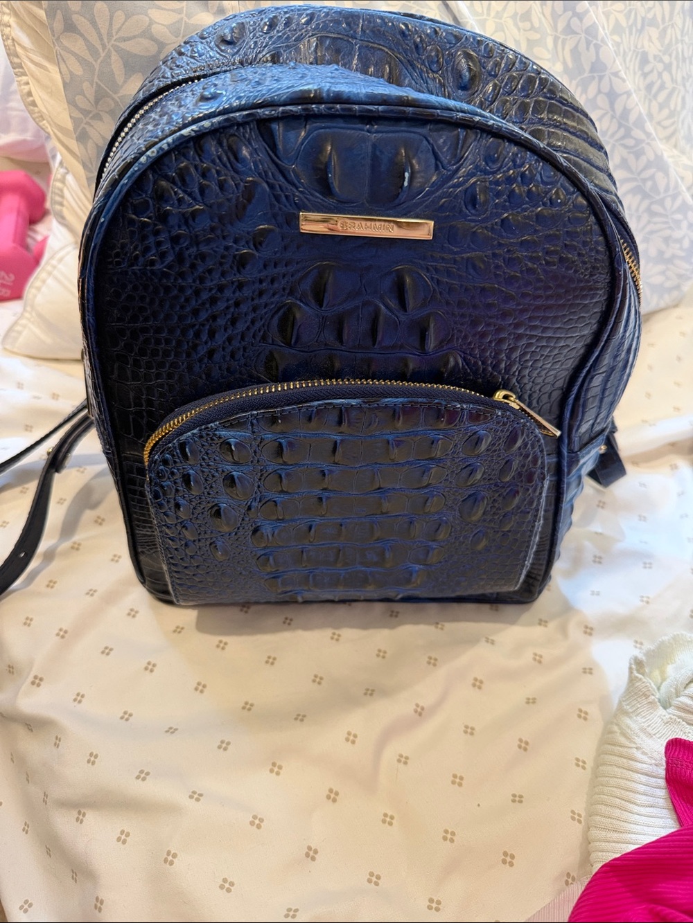 Brahmin Navy Croc-Embossed Mini Backpack with Gold Hardware
